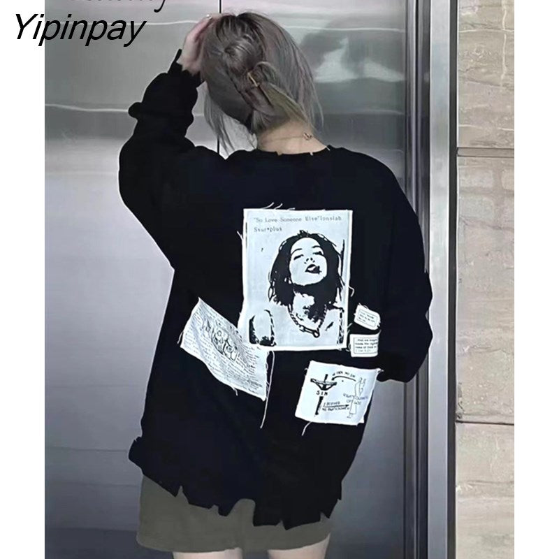Yipinpay 2023 Autumn Oversize Hip Hop Print Women Sweatshirts Streetwear Long Sleeve Loose Ladies Hoodies Pullovers Female Tops