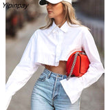 Yipinpay Short Shirts Crop Tops And Blouses Women Button Up Cardigan 2023 New Long Sleeve Turndown Collar Cotton Black White Blouse