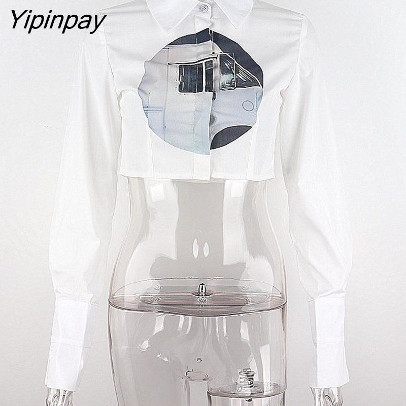 Yipinpay Korean style Long Sleeve Print Women Short White Shirt Sexy Button Street Ladies Crop Tops 2023 Summer Party Blouse