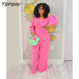 Yipinpay Sexy Pleated Navel-less Hanging Neck Jumpsuit Fashion Long Sleeve Wide Leg Trousers Sets 2023 Spring Female Elegant Outfit