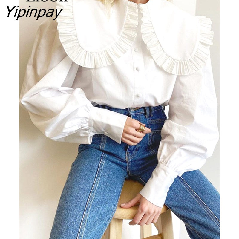 Yipinpay Sleeve Ruched Shirts Sexy Cardigan Tops And Blouses Autumn 2023 Long Sleeve Turndown Collar Women Baggy White Blouse