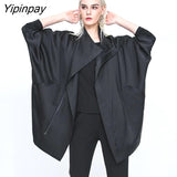 Yipinpay 2023 Autumn Oversize Bat Sleeve Gothic Long Trench Women Minimalist Style Black Zipper Up Coat Fall Outerwear Windbreaker