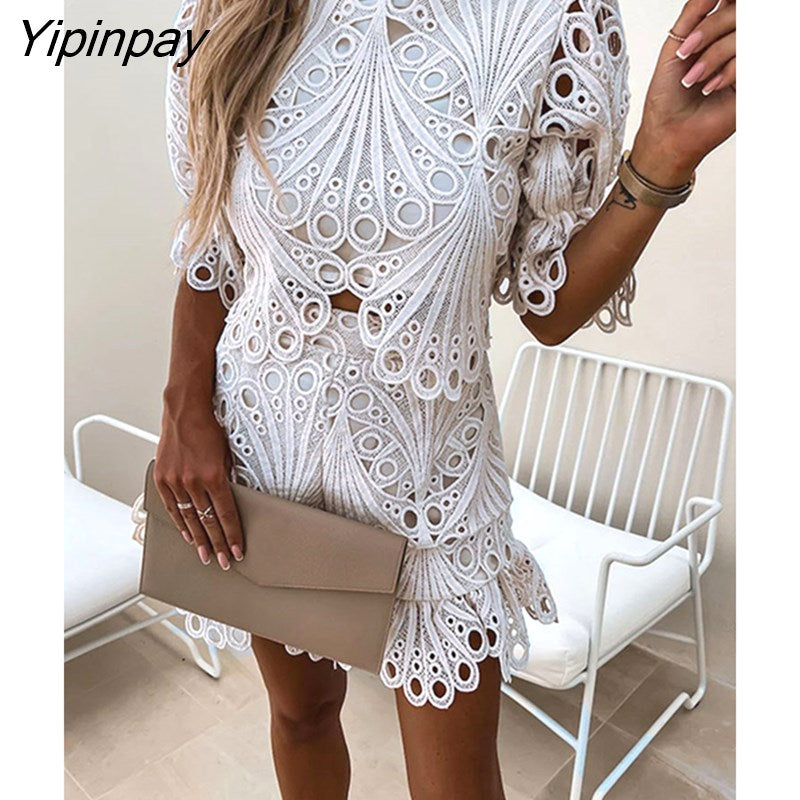 Yipinpay Women Sexy Slim Lace Hollow Out Crop Top And Ruffles Shorts Two Piece Set Female Solid Short Sleeve Shirts Tops And Shorts Set