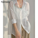 Yipinpay 2023 Summer Long Sleeve Chiffon White Shirt Women Transparent Button Sun Protection Ladies Blouse Beach Female Clothing