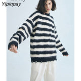Yipinpay 2023 Winter Long Sleeve Y2K Oversize Mohair Sweater Women Streetwear Hollow Out Stripe Ladies Pullover Female Clothing