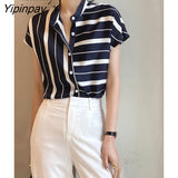 Yipinpay 2023 Summer Striped Short Sleeve Chiffon Shirt Women Office Lady Button Loose Ladies Blouse Work Female Clothing Tops