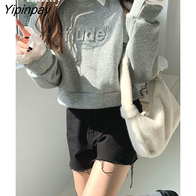 Yipinpay 2023 Autumn Korean Style Letter 3D Decoration Sweatshirt Women Minimalist O Neck Long Sleeve Crop Tops Hoodies Clothing