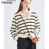 Yipinpay 2023 Winter Office Lady Long Sleeve Striped Knit Sweaters Women Korea Style Zipper Turn Down Collar Pullovers Female Tops