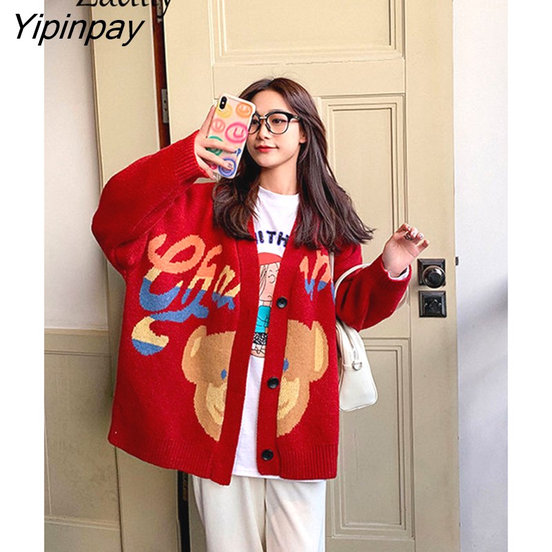 Yipinpay 2023 Winter Christmas Party Bear Embroidery Red Knitted Cardigan Women Sweet Button Ladies Sweater Coat Female Clothing