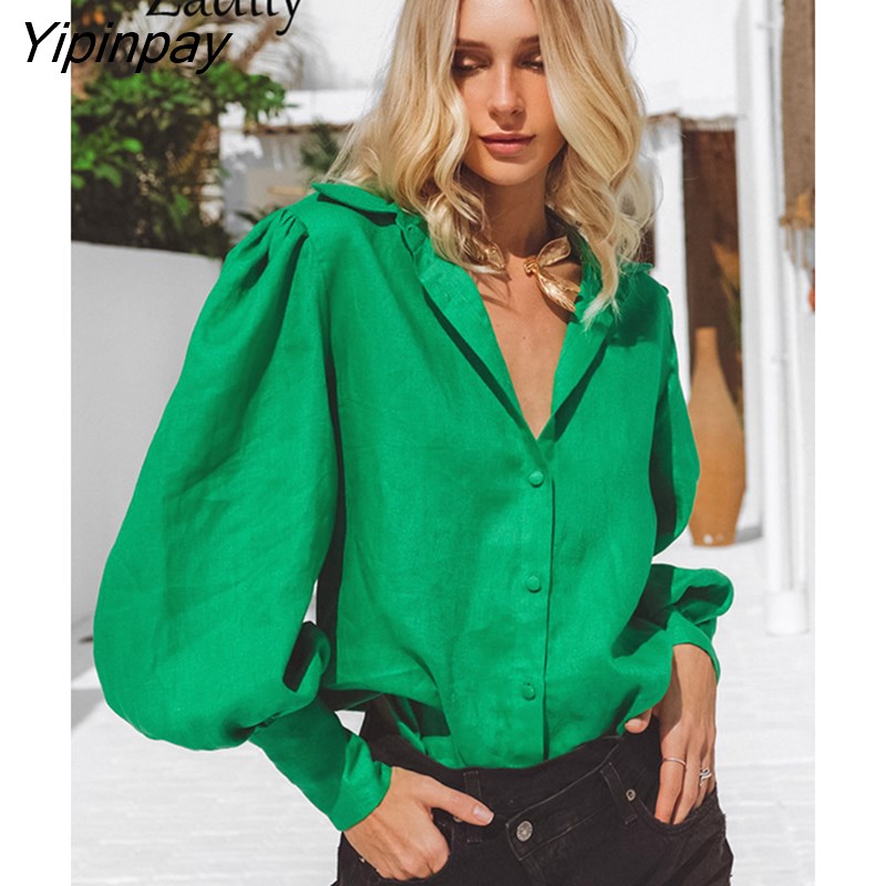 Yipinpay 2023 Spring Elegant Long Sleeve Loose Women Shirt Office Lady Solid Color Button Up Woman Tunic Blouse Work Clothing Top