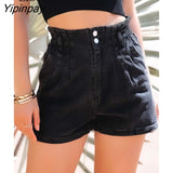 Yipinpay Cotton Button Elastic Waist Stretch Denim Shorts Woman High Waist Bottoms With Pockets Trendy High-Waisted Denim Shorts