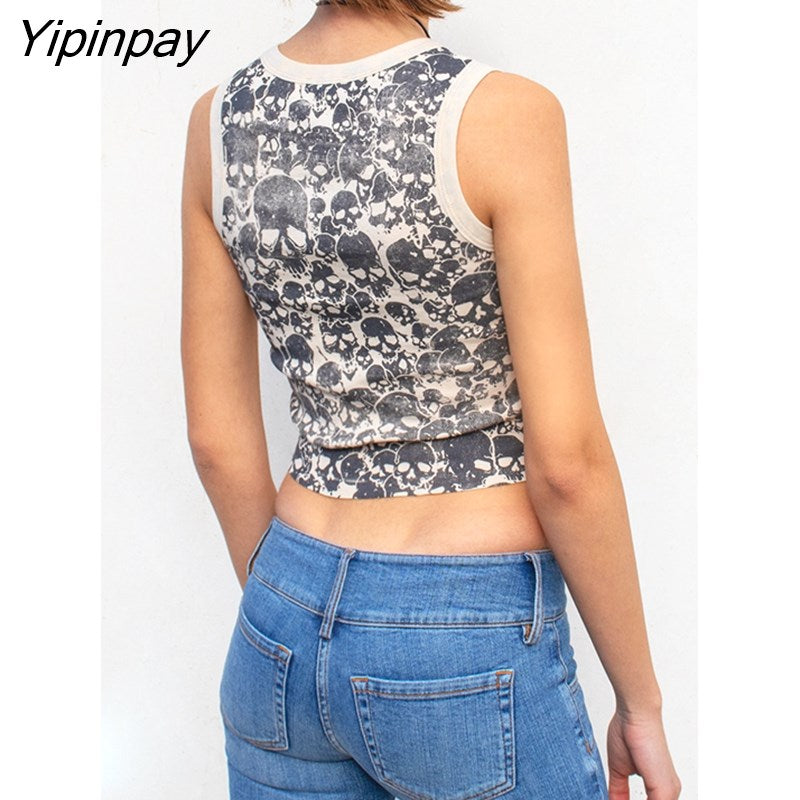 Yipinpay Dark Vintage Streetwear t-shirt Gothic 90s Summer Slim Fit Women's Sports Top 2023 New Women's Statement Eye Print Camisole