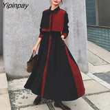 Yipinpay Spring Korean Women Maxi Dress Vintage Patchwork Button Up Turn Down Collar Shirt Dress Plus Size Detachable Shawl Robe