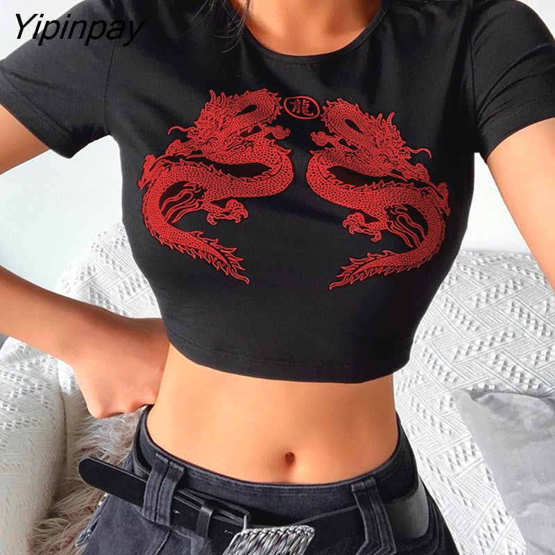 Yipinpay tops women's Short T-shirt ulzzang Harajuku vintage Chinese dragon print Tshirt summer new Short dropshipping women