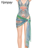 Yipinpay Sexy Deep V Neck Halter Neck Print Slim Dress Female Backless Sling Mini Dresses Lady Vacation Sleeveless Bohemia Dress 423-1