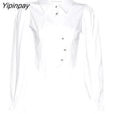 Yipinpay 2023 Spring Sweet Long Sleeve Hollow Out White Shirt Women Korea Style Slim Button Up Ladies Crop Tops Autumn Clothing