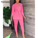 Yipinpay Women Casual Drawstring Blazer Two Piece Suit Female V Neck Lace Up Coat Pencil Pants Two Piece Set 2023 Elegant Office Outfits