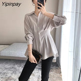 Yipinpay 2023 Autumn Korean style Long Sleeve Folds White Shirt Women Office Lady Slim Wist Button Up Tunic Blouse Female Tops