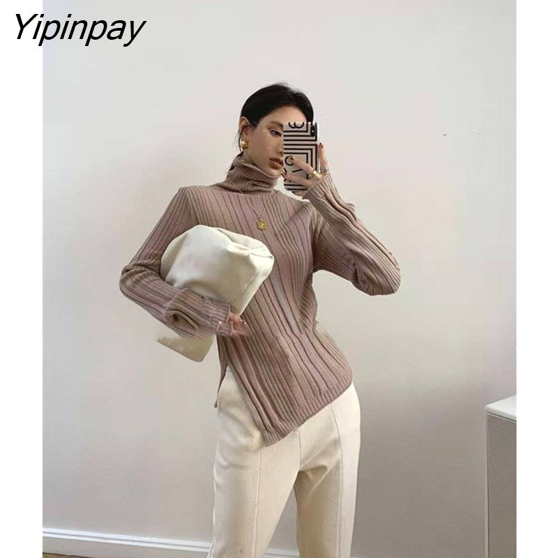 Yipinpay 2023 Winter Korean Style Long Sleeve Turtleneck Sweater Women Minimalist Slim Irregular Ladies Knit Pullovers Female Tops