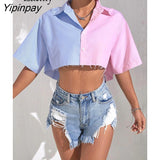 Yipinpay 2023 Summer New Streetwear Short Sleeve Women Shirt Y2K Patchwork Button Up Woman Crop Tops Blouse Party Female Clothing