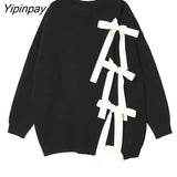 Yipinpay Winter Sweet Bow Black Women Sweater Chic Long Sleeve Bandage Ladies Warm Knit Pullover Korean Style Female Clothing Tops