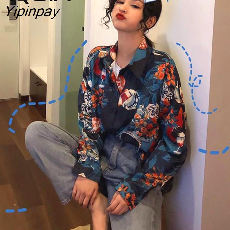 Yipinpay Floral print Long Sleeve Oversize Women Shirt Turn down Collar Button Up Ladies Shirts 2023 Spring Loose Female Clothing