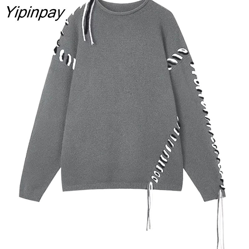 Yipinpay 2023 Winter Korean Style Long Sleeve Black Knit Sweater Women Streetwear O Neck Bandage Ladies Pullover Female Clothing