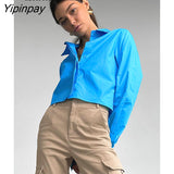 Yipinpay 2023 Spring Minimalist Long Sleeve Women Blue Shirt Korea Style Button Up Solid Woman Crop Tops Blouse Female Clothing