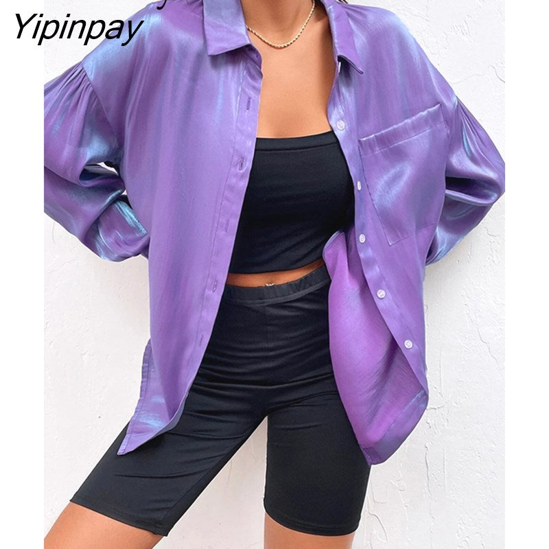 Yipinpay 2023 Spring Minimalist Long Sleeve Women Basic Satin Shirt Office Lady Button Up Loose Woman Tunic Blouse Female Clothing