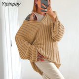 Yipinpay Women Ripped Knit Baggy Sweater Pullovers Long Sleeve Tops Female Jumper V Neck Autumn Winter Streetwear Knitted Sweaters