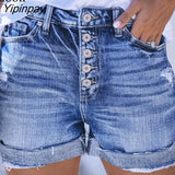 Yipinpay Sexy Stretch Ripped Button Up Denim Shorts Women Mid Waist With Pocket Wash Distressed Blue Cotton Hole Rave Jean Shorts