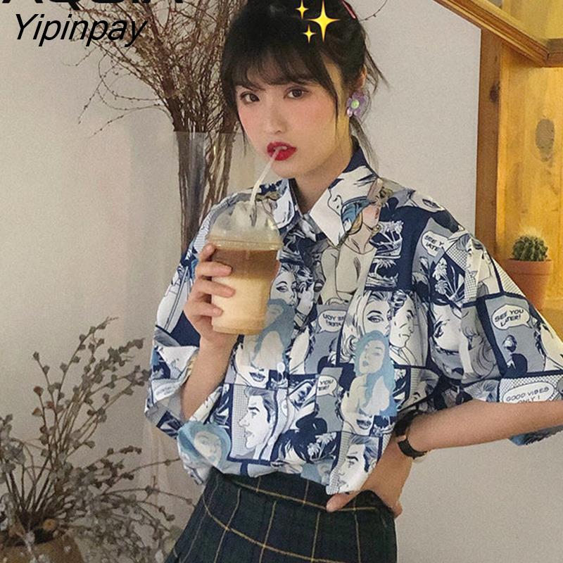 Yipinpay Japanese style Cartoon print Women Shirt Vintage Short Sleeve Button Up Y2K Womens Blouse 2023 Summer Loose Female Shirts