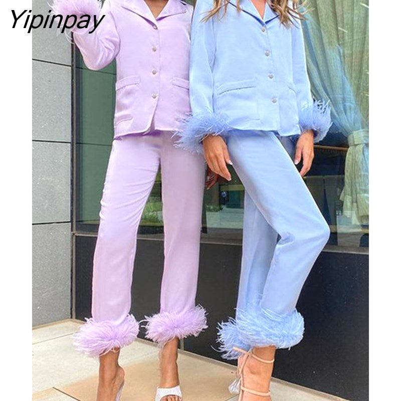 Yipinpay With Feather Blazer And Straight Pants Suits Women Fashion Furry Tailored Collar Shirts Trousers Two Piece Set Lady Outfit