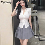 Yipinpay 2023 Summer Korean Style Short Sleeve Slim White Shirt Women Sexy Office Waist Tight Ladies Blouse New In Clothing Tops
