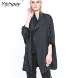 Yipinpay 2023 Autumn Oversize Bat Sleeve Gothic Long Trench Women Minimalist Style Black Zipper Up Coat Fall Outerwear Windbreaker