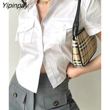 Yipinpay 2023 Summer Y2K Pocket Short Sleeve White Shirt Women Sexy Button Slim Crop Tops Blouse New Streetwear Female Clothing