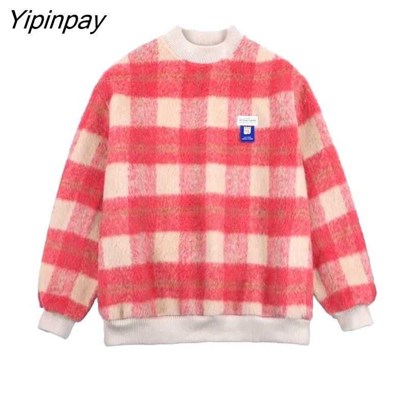 Yipinpay 2023 Winter Casual Plaid Print Women Sweatshirt Korean Style Loose O Neck Long Sleeve Ladies Hoodies Female Pullover Tops