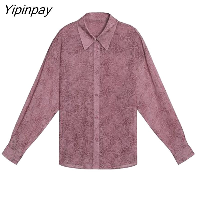 Yipinpay 2023 Spring Sexy Long Sleeve Floral Embroidery Shirt Blouse Women Lace Transparent Button Up Oversize Female Shirts Tops