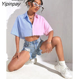 Yipinpay 2023 Summer New Streetwear Short Sleeve Women Shirt Y2K Patchwork Button Up Woman Crop Tops Blouse Party Female Clothing