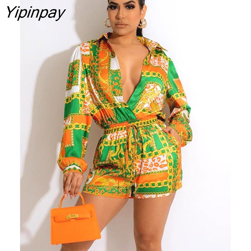 Yipinpay Printed Women Long Sleeve Shirt And Lace Up Shorts Set Female Fashion Lapel Blouse And Short Pants Two Piece Suit 2023
