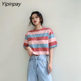Yipinpay Women Tshirt Short Y2k Aesthetic Short Sleeve Tops Tees Stripe Harajuku Kawaii Oversize Dropshipping Vintage Female Clothing