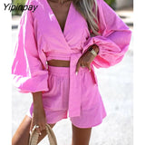 Yipinpay Women Casual Loose V Neck Crop Top And Straight Shorts Two Piece Set Female Solid Lace Up Long Sleeve Shirts Tops And Shorts Set