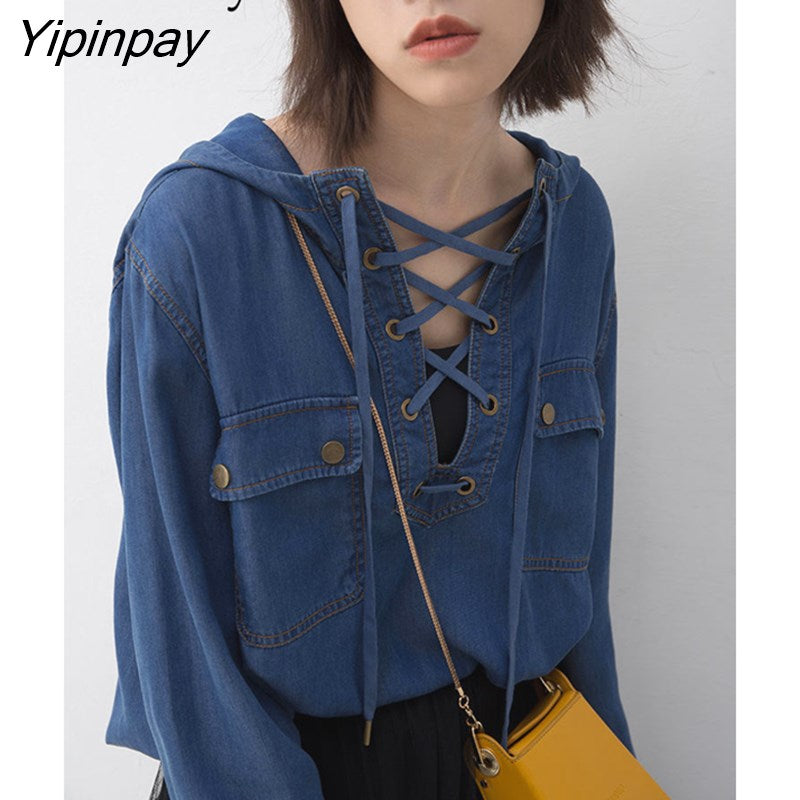 Yipinpay Street Style Long Sleeve Denim Hooded Shirt Women Loose Bandage Pocket Pullover Blouse 2023 Summer Female Clothing Tops
