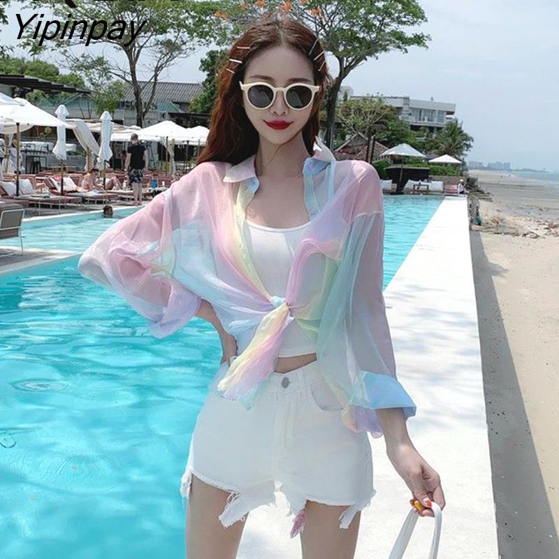 Yipinpay Summer Beach Rainbow women blouses shirts Transparent Loose Ladies Shirt Long Sleeve Turn-Down Collar Female Clothing