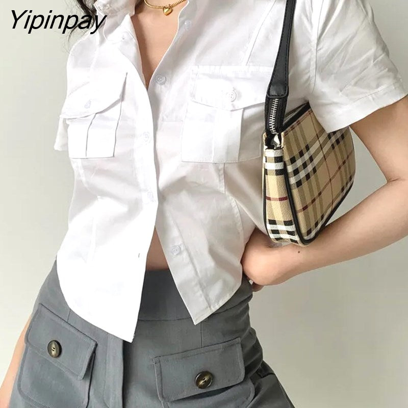 Yipinpay 2023 Summer Y2K Pocket Short Sleeve White Shirt Women Sexy Button Slim Crop Tops Blouse New Streetwear Female Clothing