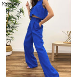 Yipinpay Cotton Linen Vest Trousers Two Piece Set Women O Neck Crop Tops High Waist Wide Pants Suit 2023 Lady Tank Shorts Outfits