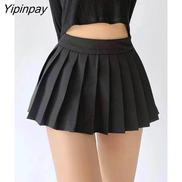 Yipinpay Waist Skirts Summer Pleated Sexy Mini Vintage Solid Korean ...