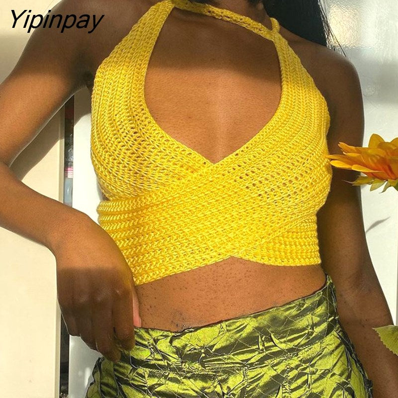 Yipinpay Sexy Bandage Knit Camis Women Short Corset Top Summer Backless Beach Tank Streetwear Drawstring Knitting Basic Crop Tops 319-2