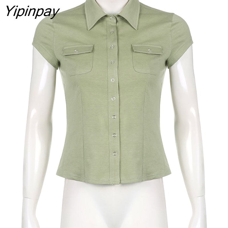 Yipinpay 2023 Summer Y2K Short Sleeve CowBoy Shirt Women Safari Style Button Up Pocket Slim Ladies Tops Female Clothing Blouse