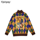 Yipinpay Harajuku Turtleneck Knit Female Pullover Argyle Oversize Warm Women's Sweater 2023 Winter Appliques Loose Thick Sweater